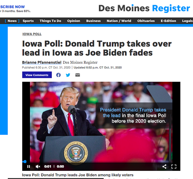 Screenshot of The Des Moines Register's story about their poll released just days before the election showing President Donald Trump ahead by 7 points in Iowa.