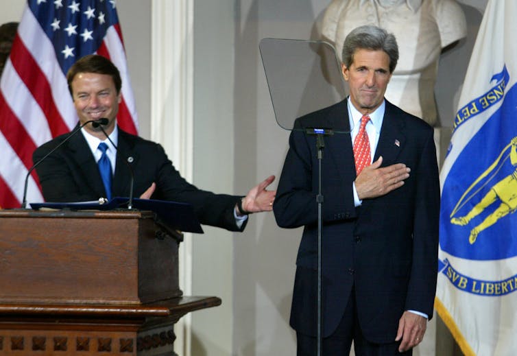 John Kerry and running mate John Edwards before Kerry gave concession speech in 2004.