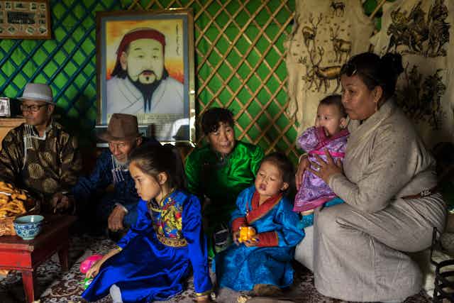 A Mongolian family in traditional dress