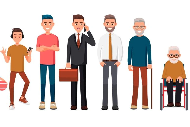 Illustration of heights through different ages from baby to elderly