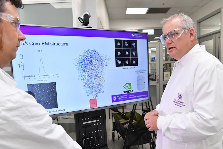 Scott Morrison wearing a labcoat