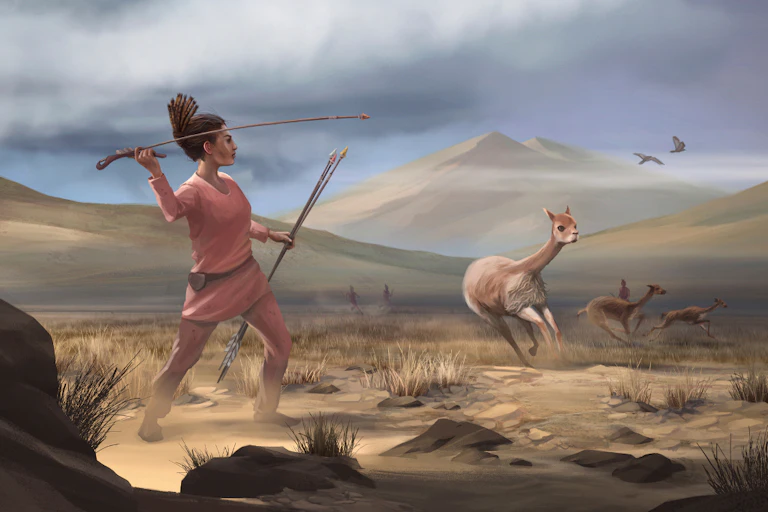 Picture of a prehistoric woman hunting.