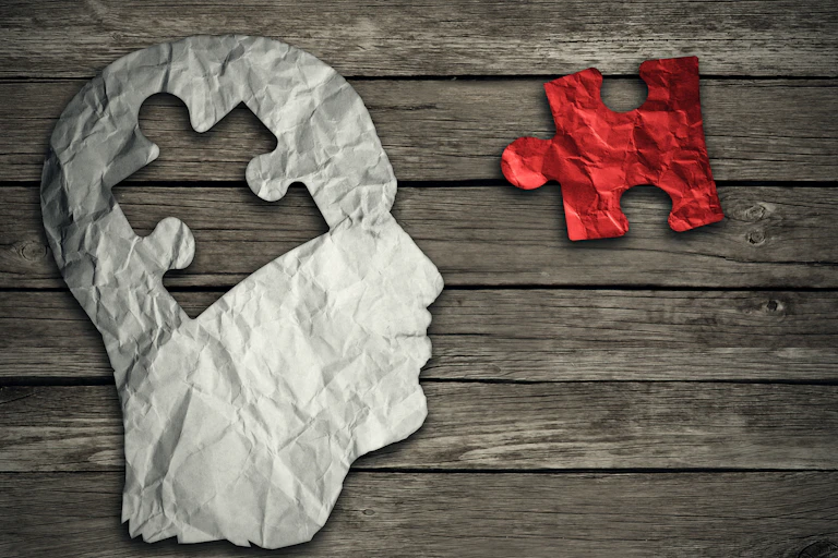 Paper scull with puzzle piece missing from the brain.