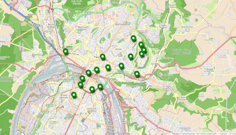 Carte des jardins partagés à Rouen.