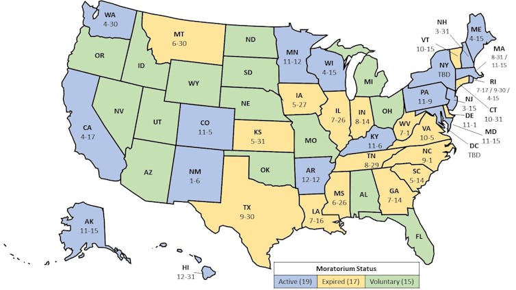 Map showing status of moratoria by state