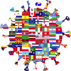 Illustration in the shape of a coronavirus made up of overlapping international flags.