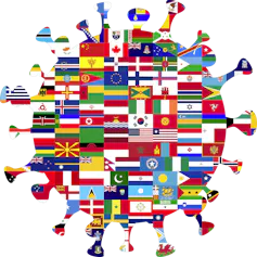 Illustration in the shape of a coronavirus made up of overlapping international flags.