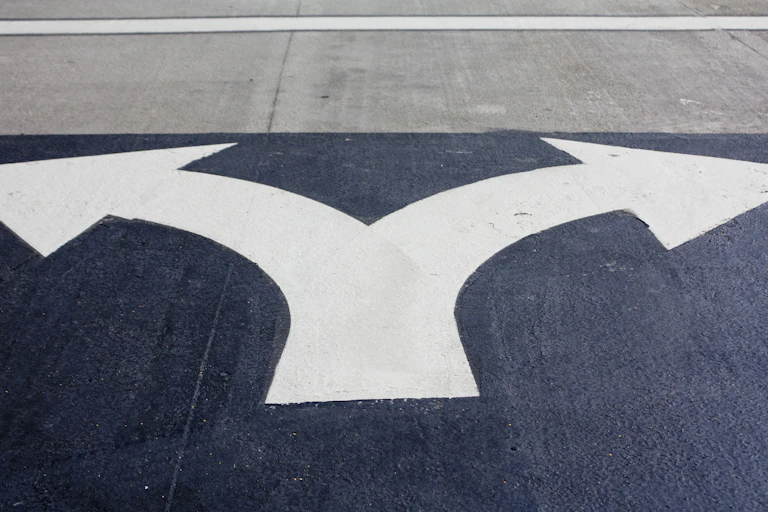 A directional arrow painted into the street points both left and right.