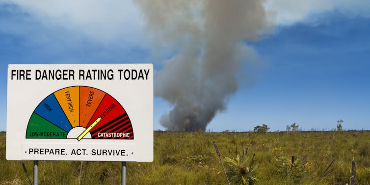 Fire danger rating sign in front of a grass fire