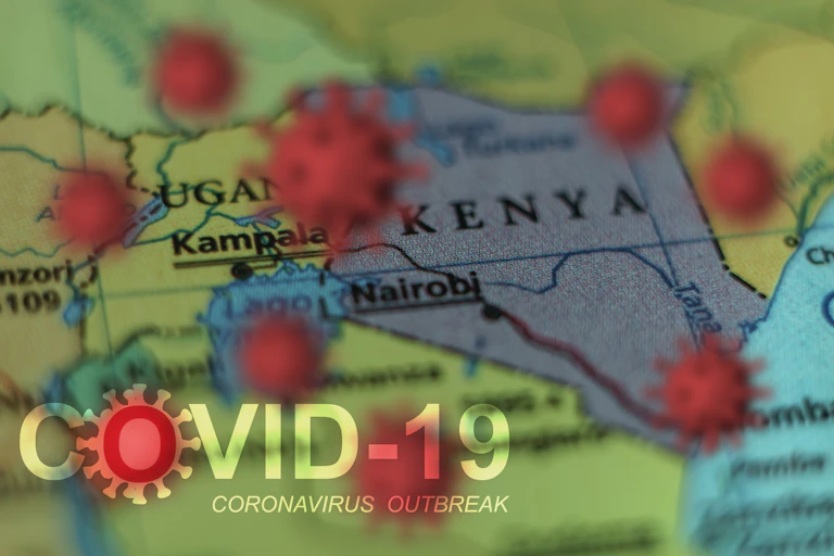 Map of East Africa with Kenya, in highlight, foreshadowed by COVID-19 graphic