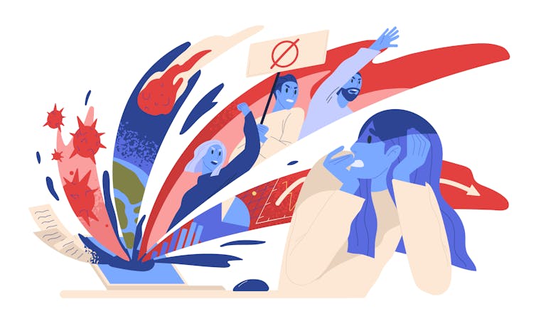 Graphic showing woman reacting to news online.