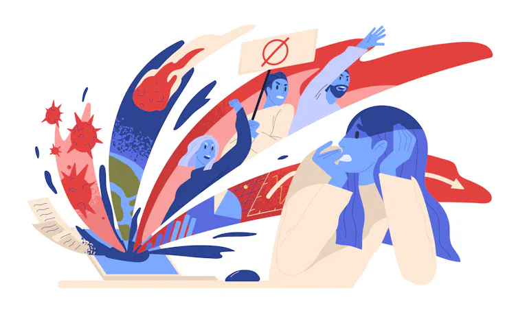 Graphic showing woman reacting to news online.