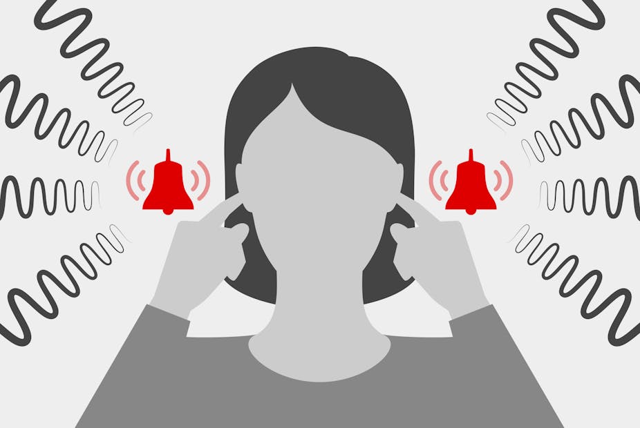Animated woman plugs her ears as she is bothered by noise.