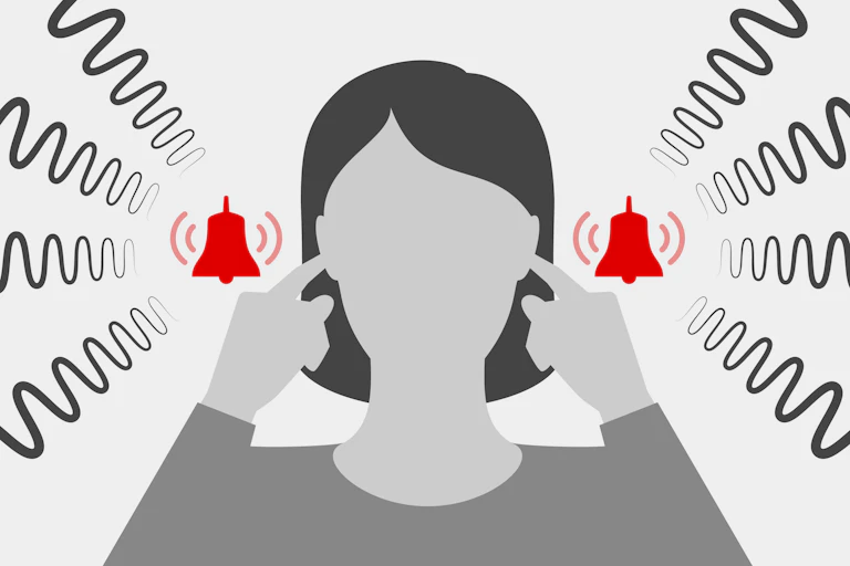 Animated woman plugs her ears as she is bothered by noise.