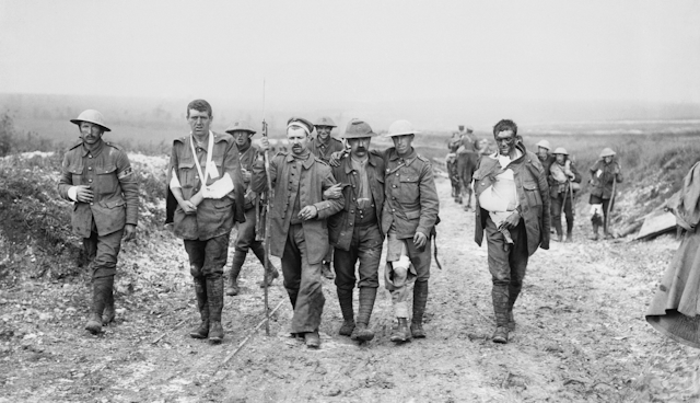 A group of wounded British and German World War I soldiers.