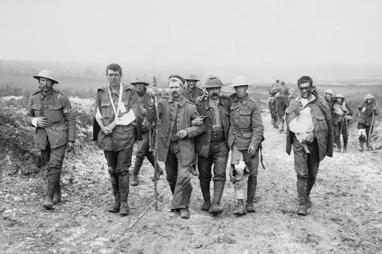 A group of wounded British and German World War I soldiers.