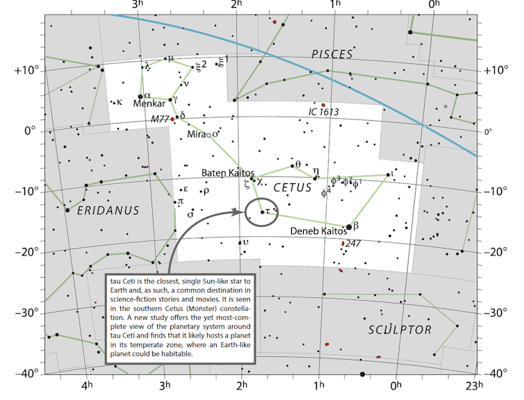 The Cetus constellation. Tau Ceci is circled. IAU and Sky & Telescope (Image altered to add caption), CC BY