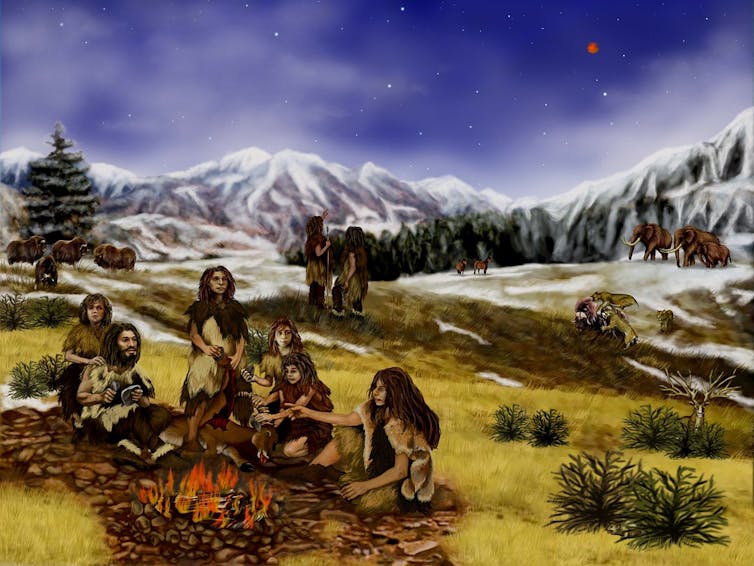 Illustration of Neolithic family around a fire on a grassy plain.