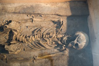 Human skeleton on rocky surface.