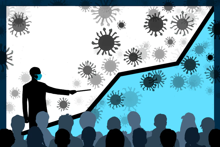 An illustration of a mask wearing presenter making a presentation. The chart in the background has an ascending line graph surrounded by COVID-19 virus particles.