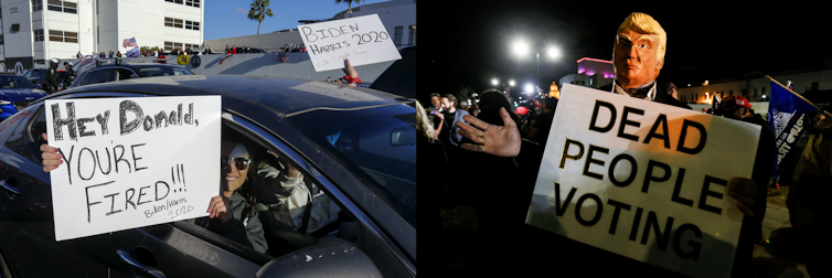 A Trump supporter holding a sign saying 'Dead people voting' and a Biden supporter holding a sign saying 'Hey Donald, you're fired'.