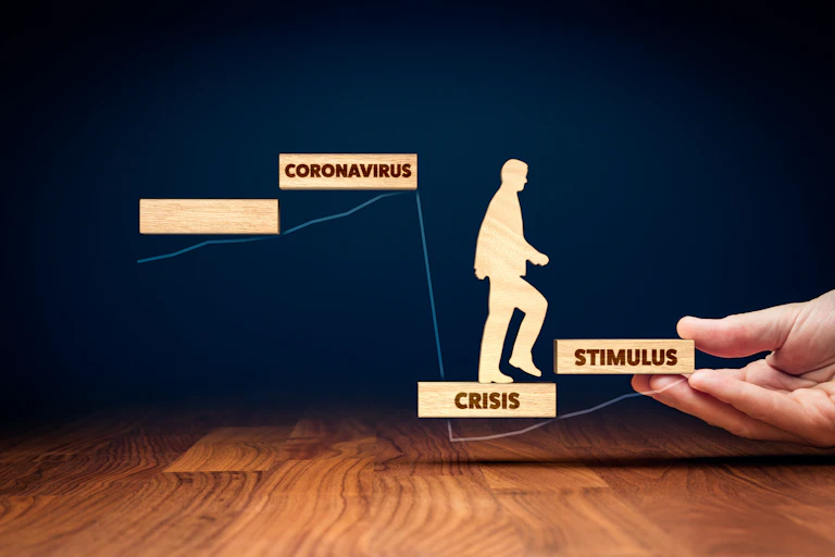 Illustration showing economic stimulus as stepping stone to recovery