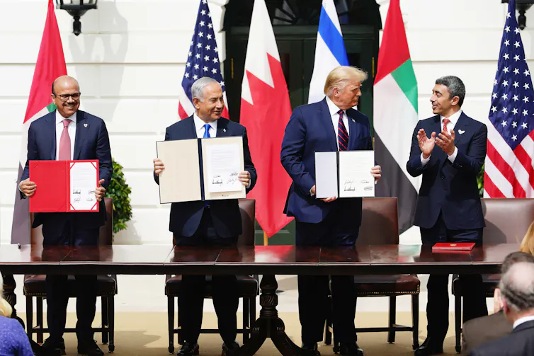 Sheikh Khalid Bin Ahmed Al-Khalifa Benjamin Netanyahu Donald Trump and Sheikh Abdullah bin Zayed bin Sultan Al Nahyan