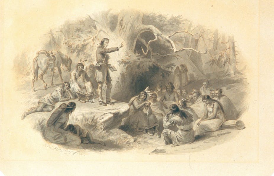 Illustration of a colonialist preaching to Indigenous Americans.