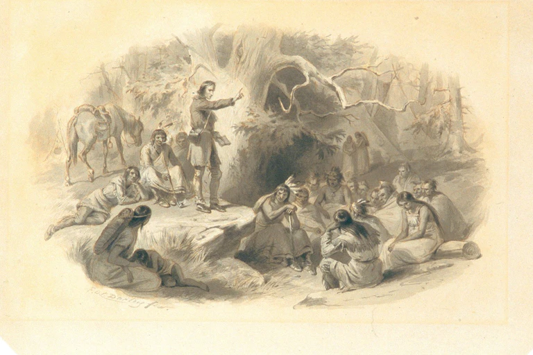 Illustration of a colonialist preaching to Indigenous Americans.