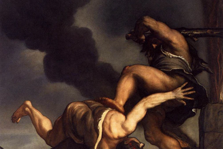 Renaissance painting of one man striking another lying on the ground with head wound.