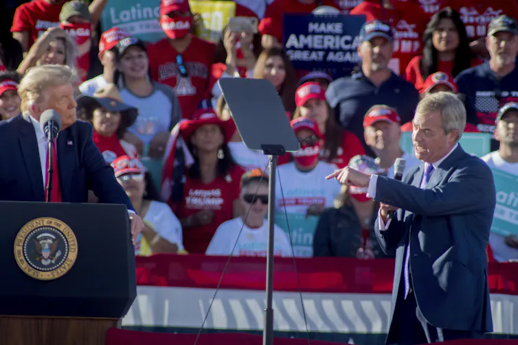 Donald Trump and Nigel Farage speaking at a rally in the US.