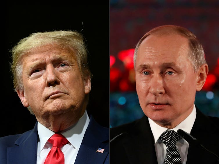 Headshots of Presidents Trump and Putin.