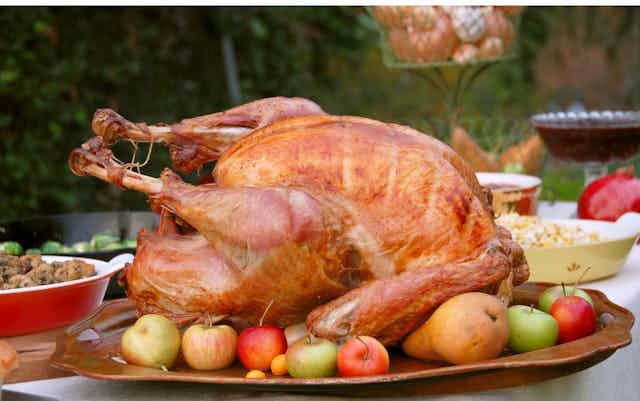 A cooked turkey sitting on a platter surrounded by apples on a table outside. 