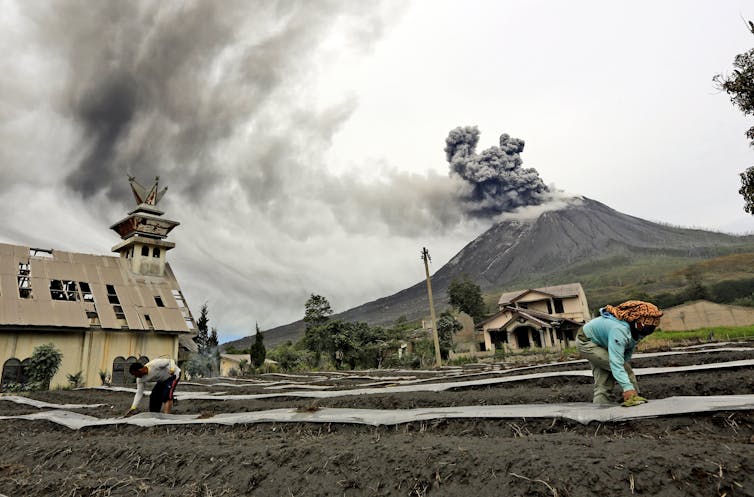 A volcano spews black ash as farmers work in the foreground.