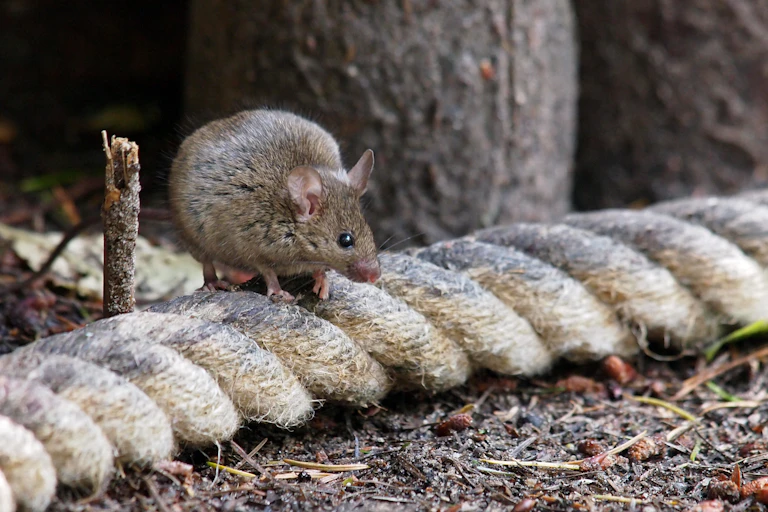 A mouse on a bit of rope on the ground
