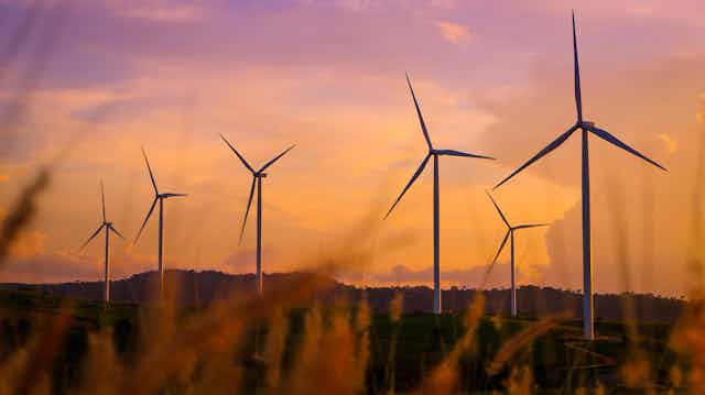A wind farm at sunset