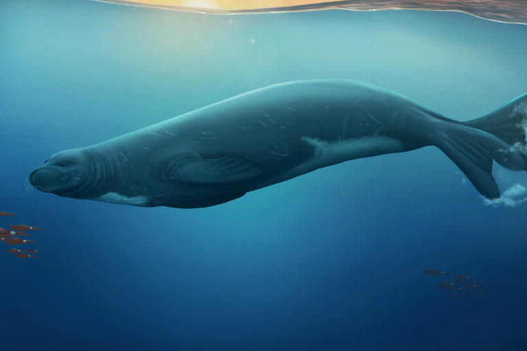 The extinct species of monk seal, _Eomonachus belegaerensis_ swimming off the coast of New Zealand 3 million-years-ago.