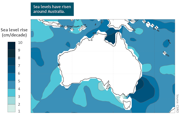 A map of Australia showing areas where sea level is rising.