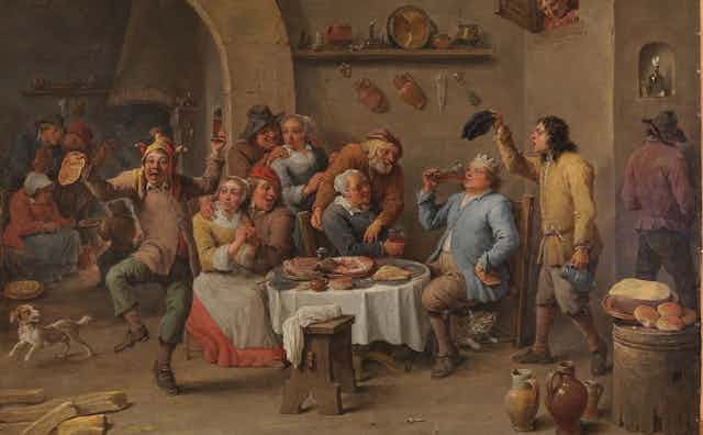 Painting of a drunken Christmas scene.