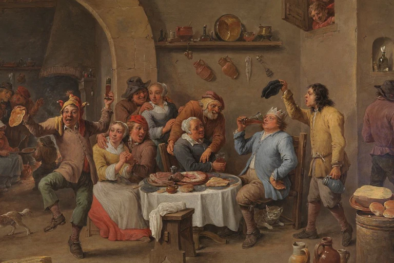 Painting of a drunken Christmas scene.