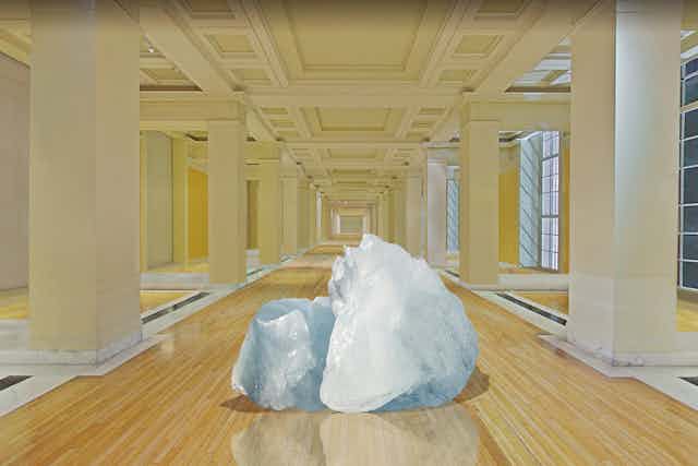 Drawing of a block of ice in grand museum gallery.