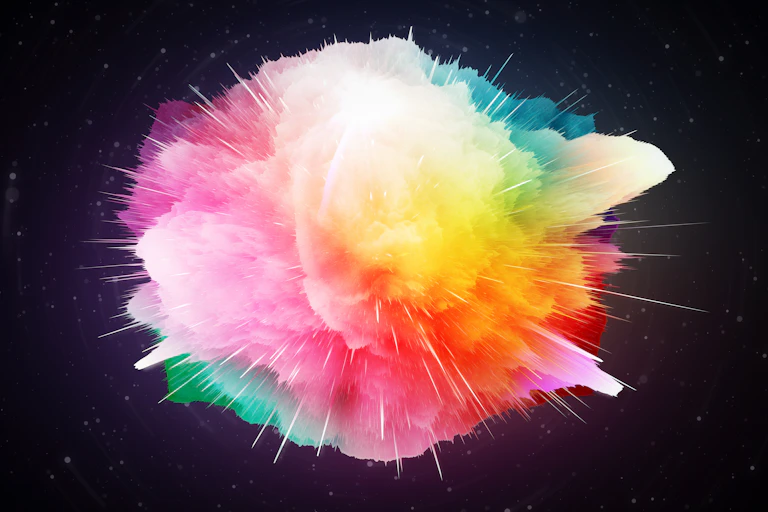 Multicoloured explosion on a dark space backdrop.
