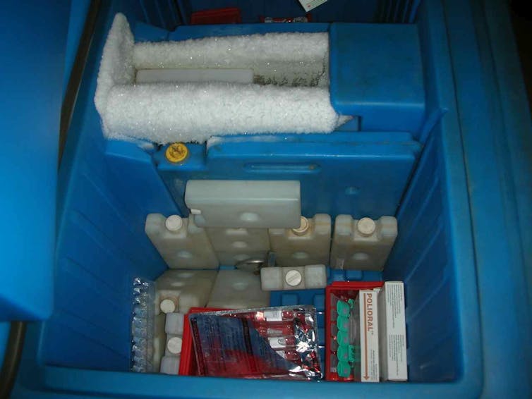 Cold chain being maintained using ice box while transporting polio vaccine