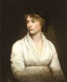 Portrait of Mary Wollstonecraft dressed in white looking to the right.