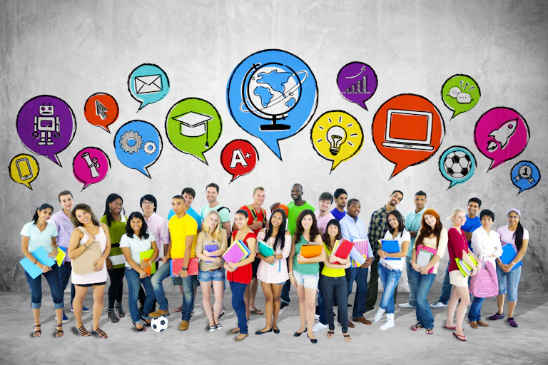 Group of Young Students with Speech Bubbles
