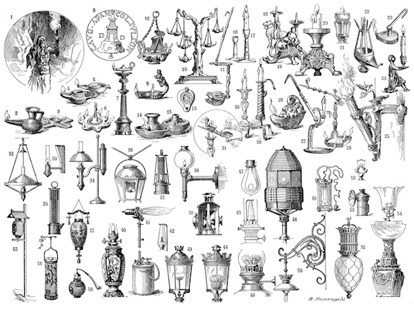 Drawings of historical lighting devices.