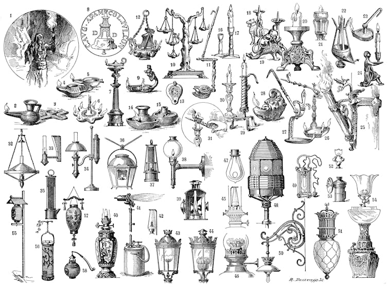 Drawings of historical lighting devices.