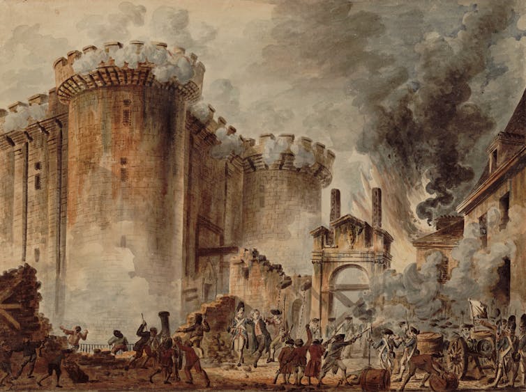 Painting depicts men attacking a grand building with smoke in background.