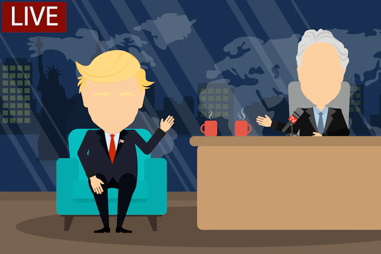 Cartoon of Trump being interviewed by Jon Stewart.