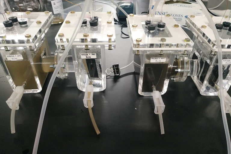 Four transparent containers filled with different material.
